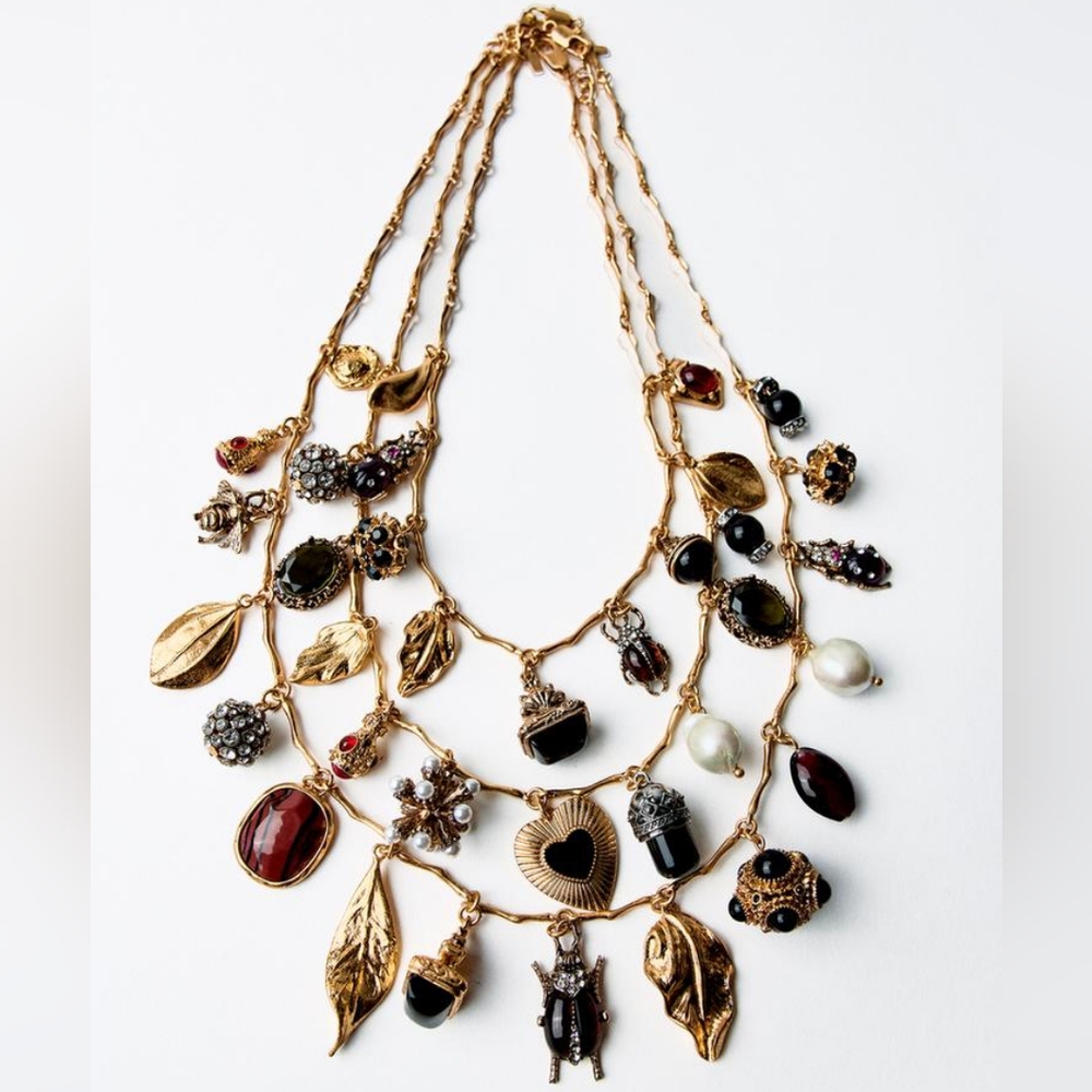 NWT ZARA 3-Pack of Charm Necklaces w/ Bug & Leaf Charms Golden-colored 1856/396